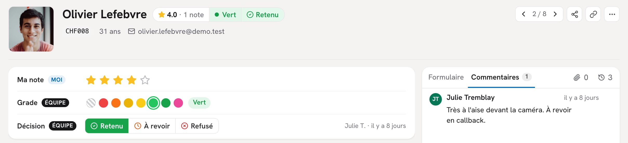 Fiche d'un candidat : note en étoiles, couleur d'équipe, décision d'équipe et commentaire d'une juge