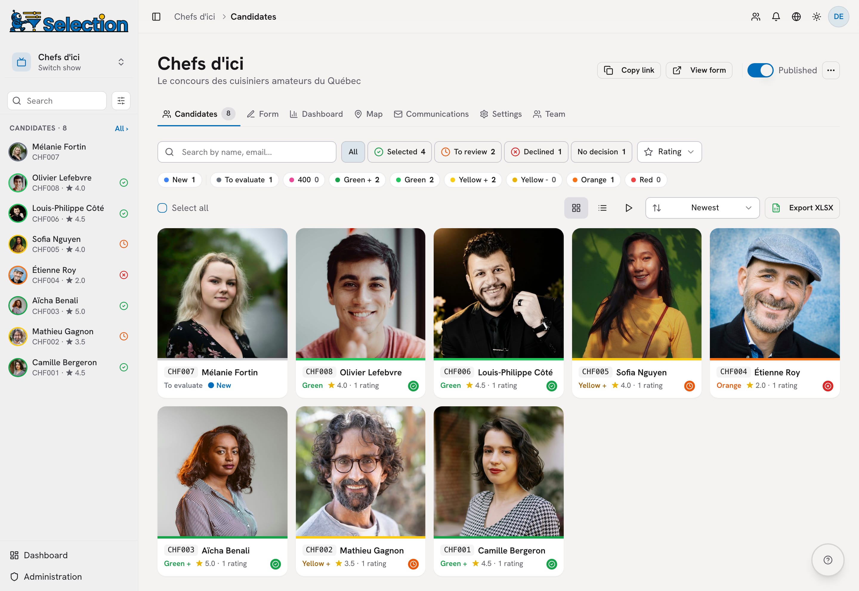 Candidate list of a show: photo grid, Selected, To review and Declined filters, color tags and export button