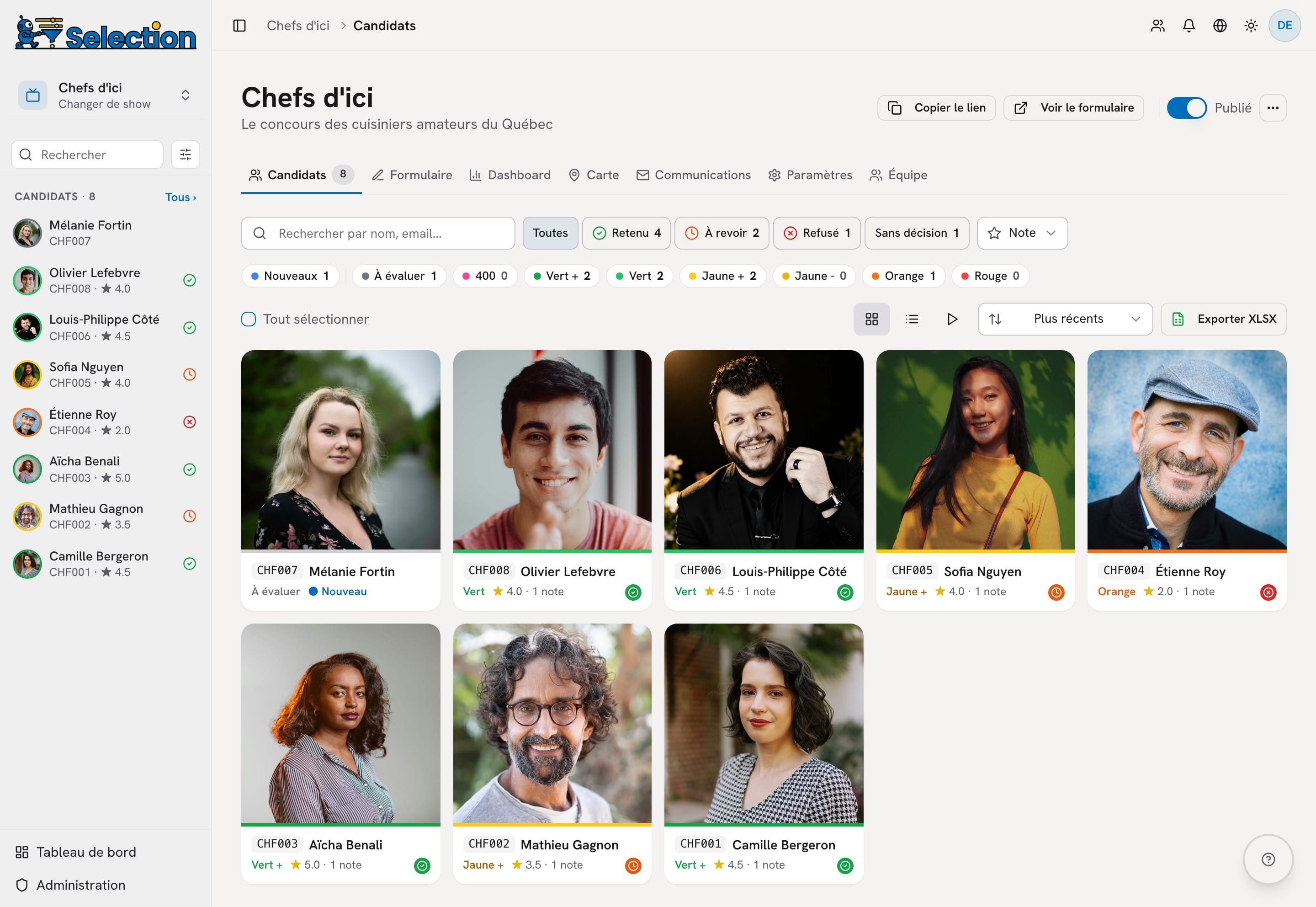 Liste des candidats d'un show : photos en grille, filtres Retenu, À revoir et Refusé, pastilles de couleur et bouton d'export
